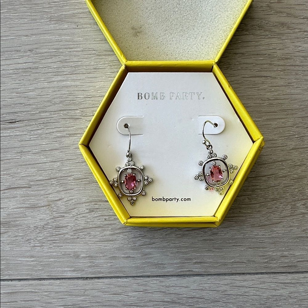 Bomb Party Mirror Mirror Earrings Lab Created Pink Tourmaline EUC IN BOX
